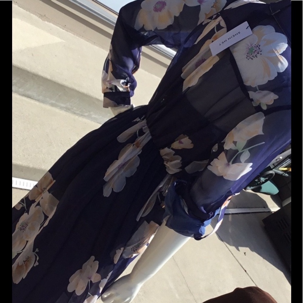 SHEER floral long 3/4 sleeve duster maxi COVER UP - Picture 9 of 16